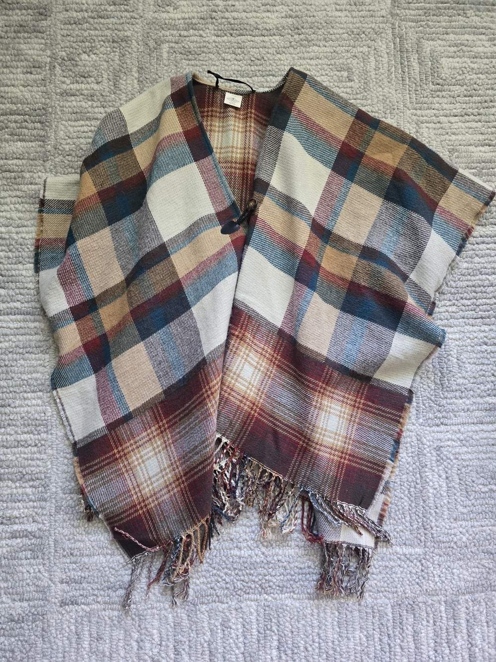 St. John's Bay Plaid Open-Front Poncho in Cream, Burgundy & Teal